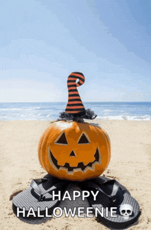 a pumpkin wearing a striped hat is on the beach and says happy halloweenie