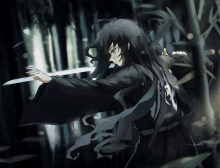 a drawing of a person with long black hair holding a sword in a dark forest