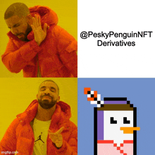 a man in an orange jacket points to a picture of a penguin with the words peskypenguinnft derivatives on the bottom