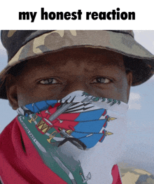 a man wearing a camouflage hat and a bandana with the words my honest reaction on the bottom