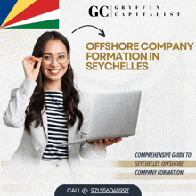 an advertisement for offshore company formation in seychelles has a woman holding a laptop