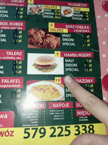 a person is pointing at a menu that says hamburgery