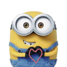 a minion wearing goggles and overalls holds a heart in his hands