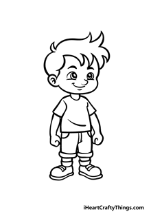 a black and white drawing of a boy in a t-shirt and shorts standing .