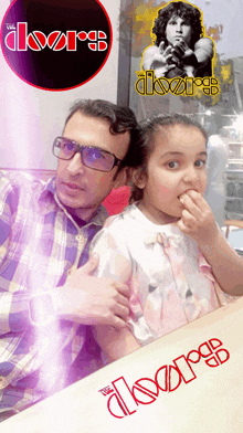 a man and a little girl are sitting in front of a sign that says " doors "