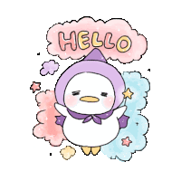 a cartoon penguin wearing a purple hat and scarf says hello .