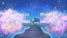 a painting of a girl playing a piano with the words " music mind " above her