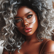 a woman with curly hair is wearing glasses