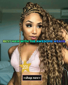 a woman in a braided hairstyle with the words best hair with the awesome weave