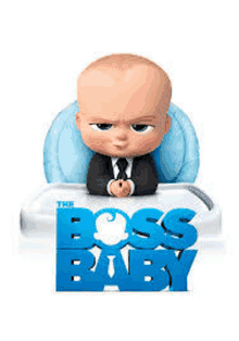 a baby in a suit and tie is sitting in a high chair with the words `` the boss baby '' behind him .