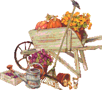 a wheelbarrow filled with pumpkins flowers and a watering can that says a30 on it