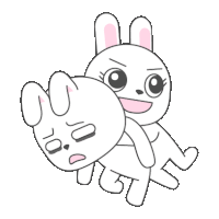 a cartoon rabbit is holding another rabbit 's head in its mouth