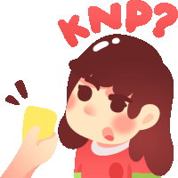 a cartoon of a girl holding a yellow card with knp written above her head