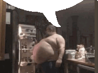 a fat man is standing in front of a refrigerator