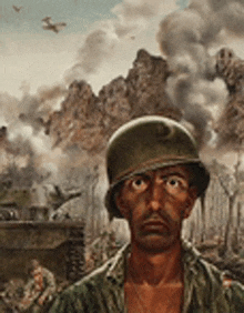 a painting of a soldier wearing a helmet in front of a destroyed city