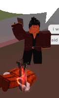 a man in a red striped shirt is standing next to a sword with a speech bubble that says i w aid