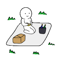 a cartoon of a person sitting on a blanket with a box and bottles of wine .