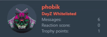 a screenshot of phobik dayz whitelisted with trophies points