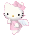 hello kitty is wearing a pink dress with wings and a bow .