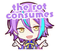 a cartoon of a girl with purple hair and the words the rot consumes .