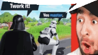 darth vader is talking to stormtroopers in a video game while a man looks on .