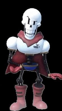 papyrus from undertale is wearing a red cape and boots and holding a cup .