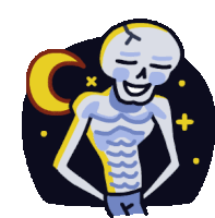 a cartoon drawing of a skeleton with his eyes closed and a moon in the background