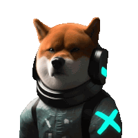 a dog wearing headphones and a jacket with a blue x on it