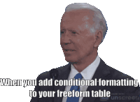 a man in a suit and tie says when you add conditional formatting to your freeform table made with unscreen