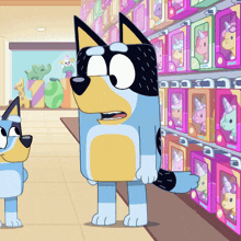 a cartoon dog is standing in front of a shelf full of unicorn stuffed animals