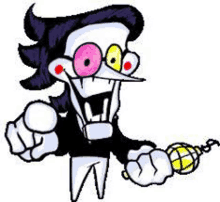 a cartoon character is holding a microphone in his hand and pointing at the camera .