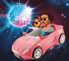 a man and woman in a pink car with a disco ball behind them