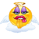 a cartoon smiley face with angel wings and purple eyeshadow