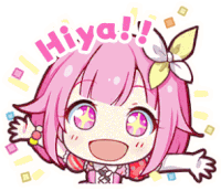 a cartoon of a girl with pink hair and a flower on her head with the word hiya written above her .