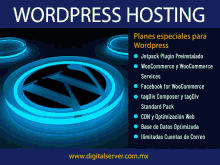 an advertisement for wordpress hosting shows a logo and a list of features