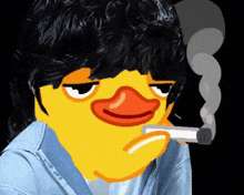 a yellow duck is smoking a cigarette with smoke coming out of it 's mouth