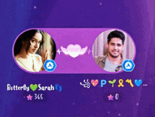 a purple background with a picture of a woman and a picture of a man with the words butterfly and sarah below them