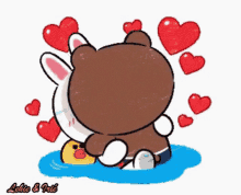 a brown bear and a white rabbit are hugging each other in the water surrounded by red hearts .