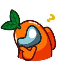 an orange among us character with a green leaf on it 's head