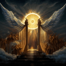 a painting of a gate of heaven with angels and a sun shining through it