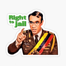 a man in a military uniform has a right to jail sticker on his shirt