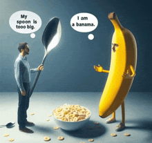 a man holding a spoon next to a banana that says i am a banama