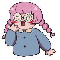 a cartoon girl with pink hair and glasses has a surprised expression on her face