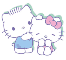 two hello kitty characters are hugging each other and one has a pink bow on her head