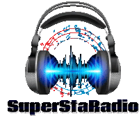 a logo for superstar radio with headphones and music notes in the background