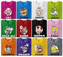 a bunch of t-shirts with cartoon characters on them and names on them .