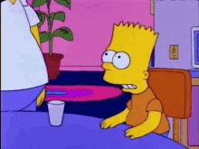 bart simpson is sitting at a table with a glass of water and talking to homer simpson .