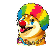 a dog wearing a clown wig and a chain around its neck has a red nose