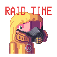 a pixel art of a person wearing a gas mask with the words raid time written in red