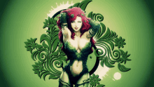 a woman with red hair is surrounded by leaves and flowers on a green background